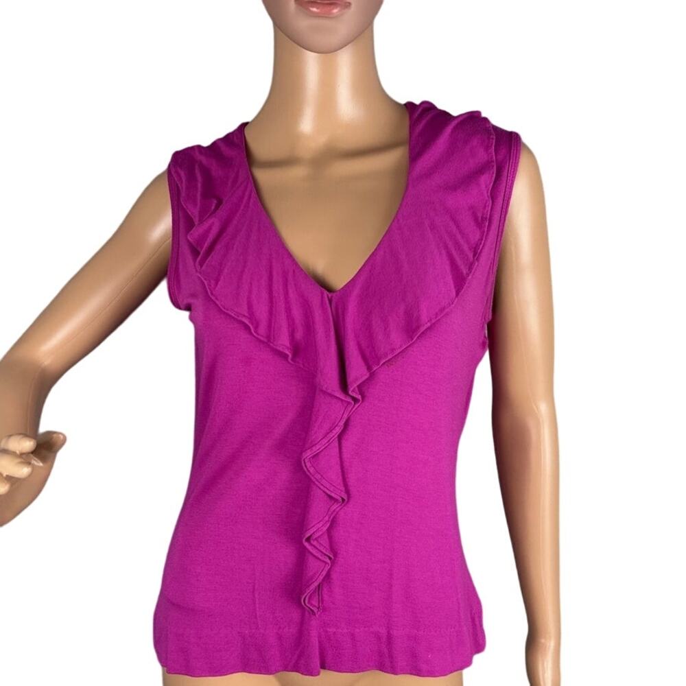 St. John Dahlia Blouse Jersey Viscose Stretch Fuschia Ruffle Neck SZ M Designer